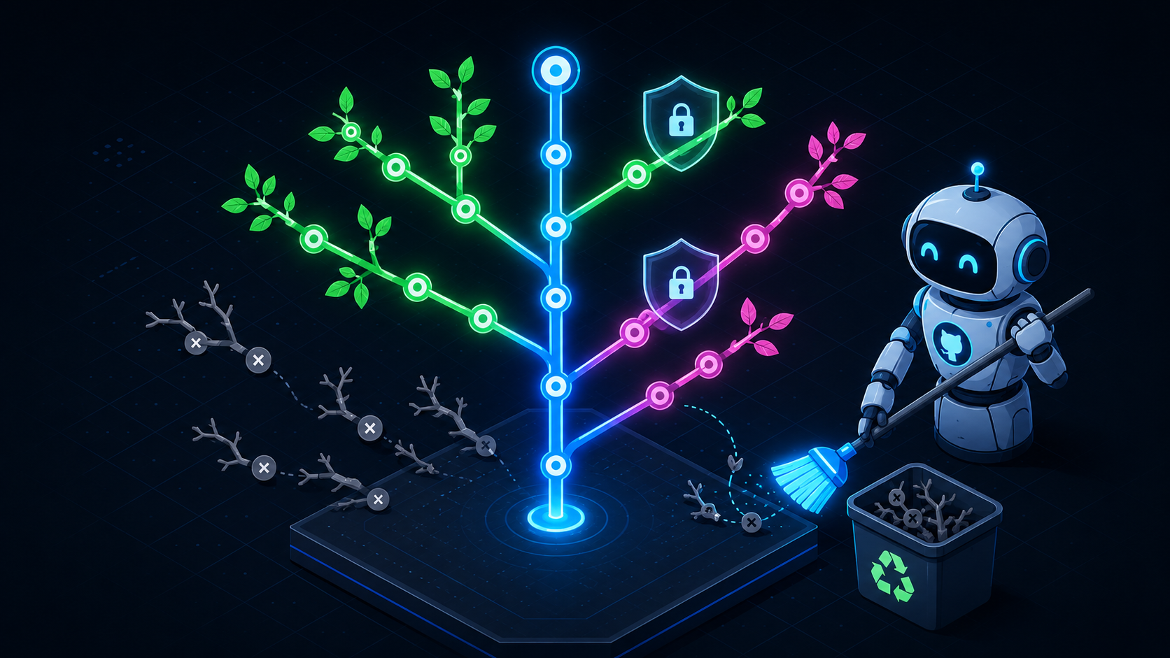 A robot broom sweeping dead branches from a healthy git tree