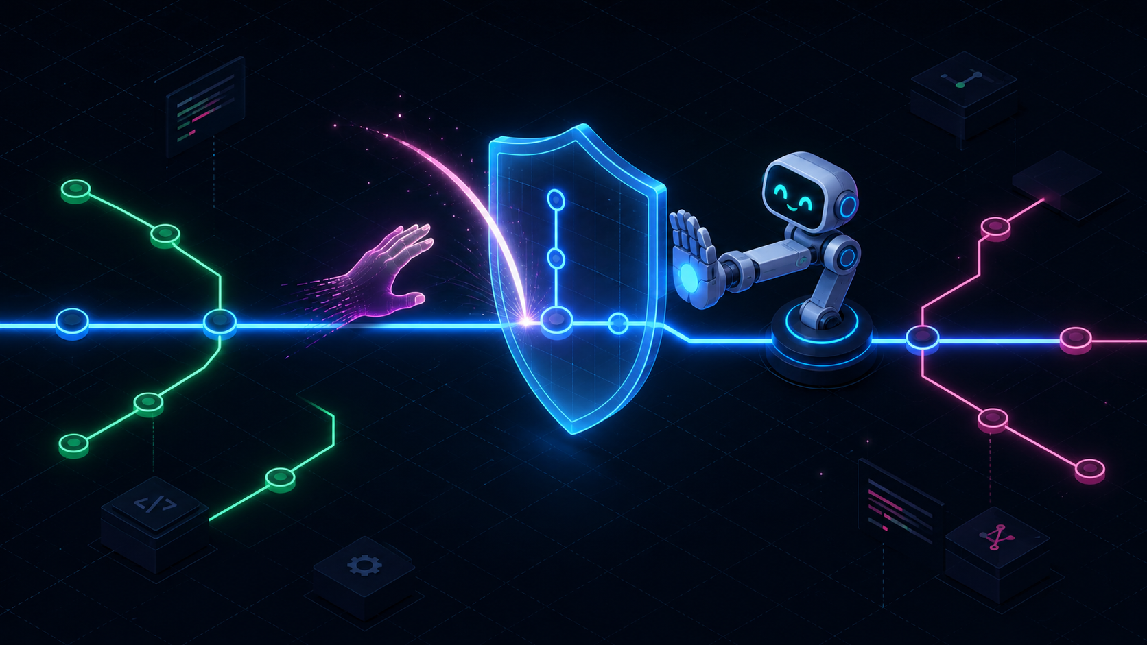 Guardrails — a neon shield protecting the master branch